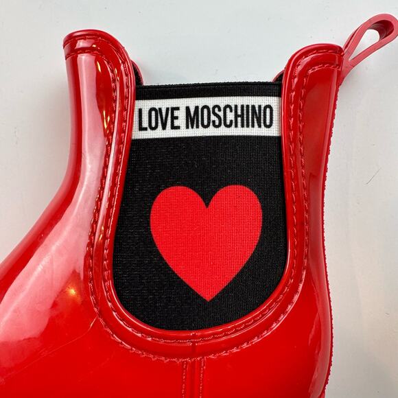 Love Moschino Chelsea Wellington Rain Boots Red Heart Glossy PVC Ankle 37 7US - Picture 11 of 16